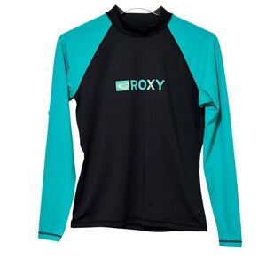 Roxy Girls Rash Guard Size 14 Long Sleeve UVtech Swim Shirt Black Teal Logo